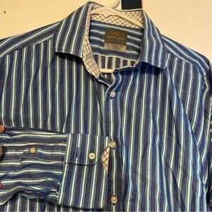 TD Thomas Dean Shirt Mens Size XL‎ Button Front Blue Striped Collared